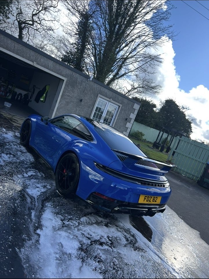 Blue Porsche exterior wash and detailing result